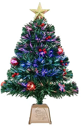 61 cm grön fiberoptisk julgran, prelit konstgjord bordsskiva mini julgran, stjärna, rosett och bollprydnader för bästa högtidsdekorationer (61 cm, grön)