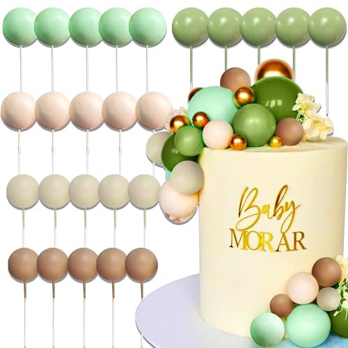 JeVenis 25 PCS Boho Balls Cake Decorations Sage Green Balls Cake Topper Oliver Green Cake Decorating for Baby Shower Birthday Wedding