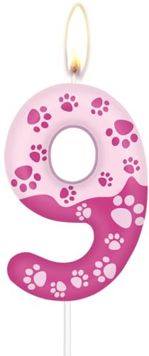 Födelsedagsljus med hundtassmotiv, sifferljus för 9-årsdagen. Födelsedag, rosa nummer 9 för kakor, rosa hundtassavtryck, tårtdekoration för flickor och pojkar födelsedagsfestdekorationer