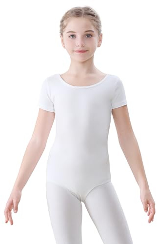FONLAM Body da Balletto per Bambine Ragazze Cotone Body Ginnastica Danza Classica Manica Corta (Bianco, 6-7 Anni)