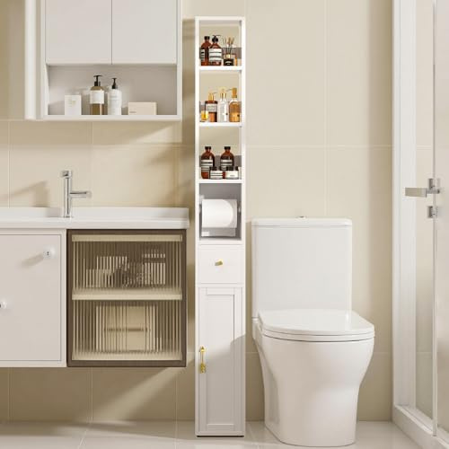 VECELO Storage Cabinet, 67 Tall Narrow Bathroom Cabinet with 3 Adjustable Shelves, Toilet Paper Holder, Magnetic Door & Drawer, for Small Spaces, Pearl White