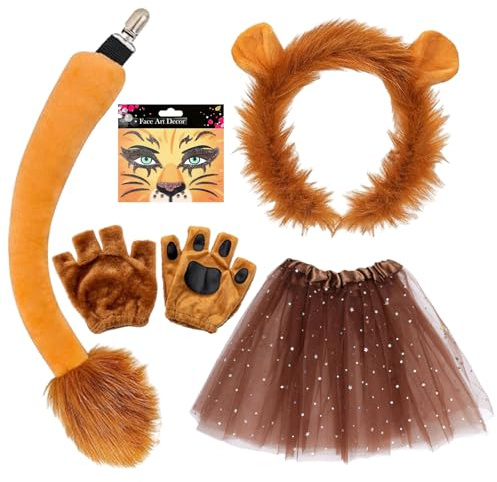 TUONYIS 5 Pieces Lion Costume for Kids,Face-painting,Ears Headband Gloves Tail Tutu Kit,Animal Fancy Accessories for Animal Cosplay Stage Performance Halloween(Lion)