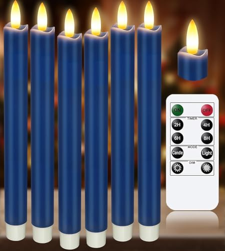 KSWING Upgraded Real Wax LED Flameless Navy Blue Taper Candles with Remote, 6 PCS Candlesticks Battery Operated 3D Flickering - 9.6 Long Realistic Fake Candle Sticks for Home/Wedding/Xmas Deco