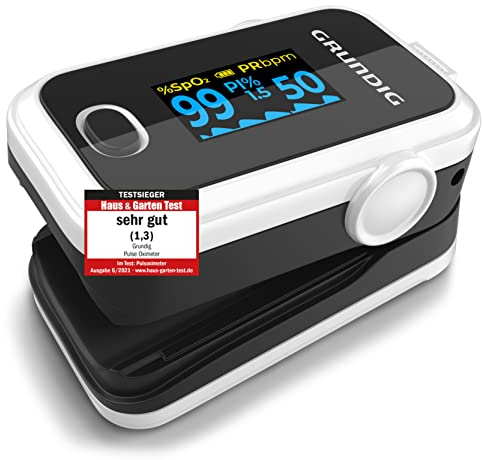 GRUNDIG Pulsoximeter Sauerstoffsättigung Oximeter TESTSIEGER - Hochpräzises Fingeroximeter Messgerät zur genauen Messung der Sauerstoff Sättigung im Blut - Finger Messgerät Pulsmesser (schwarz)