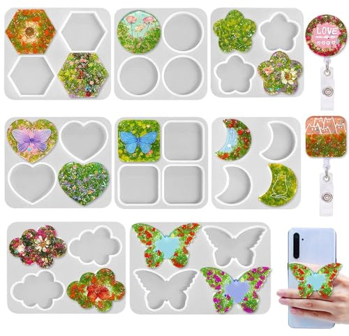 Set de 8 Moules Résine Époxy Silicone,Moules en Silicone pour Résine Formes Papillon,Cœur,Lune,Nuage,Étoiles,Hexagone,Idéal pour Badge Rétractable,boucles d'oreilles,Grip Téléphone,Aimant,Porte-clés