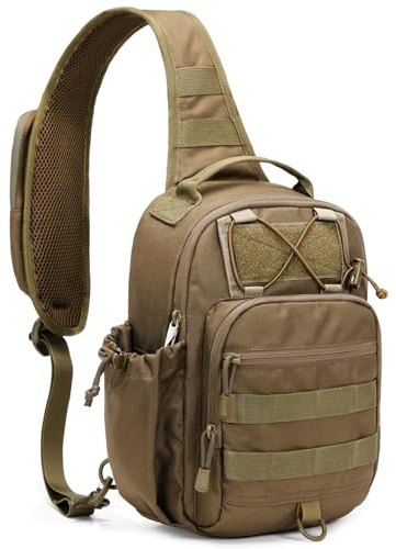 HALOVIE Tactical Sling Bag, Khaki Military Rover Shoulder Bag with Phone Pack, 600D EDC Molle Assault Crossbody Bag for men