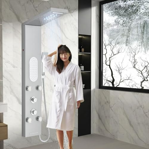 Shower Mixer Tower with 5-Function Shower Column with Shower Head and Hose Rain &Waterfall Shower Rail Massage Jets Handset and Bath Spout Shower Panel Stainless Steel Brushed
