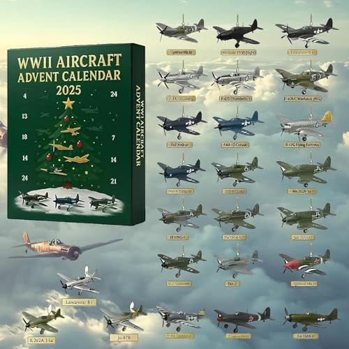Calendario de Adviento de aviones de la Segunda Guerra Mundial 2025, 24 días de aviones de combate de la Segunda Guerra Mundial, calendarios de cuenta regresiva de Navidad, 24 mini pájaros de guerra