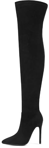 Veelau Meieer Bottes hautes pour femme avec talon aiguille - Bottes longues tendance pour fête et streetwear, Velours noir, 44 EU
