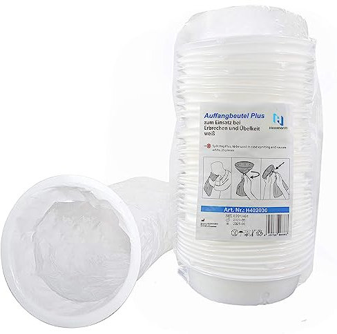 Auffangbeutel Plus mit Mundstück 25 Stück | reißfester & sicherer Kotzbeutel | Auslaufsicherer Verbesserter Verschluss-Ring | 2000 ml Spucktüten | Brechbeutel für Erwachsene und Kinder