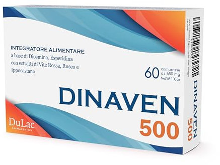 DuLàc, Dinaven 500 60 Compresse da 650 mg, Integratore Alimentare per Circolazione, Gambe Gonfie e Pesanti, con Diosmina ed Esperidina, Ideale per Microcircolo e Capillari Fragili, Made in Italy