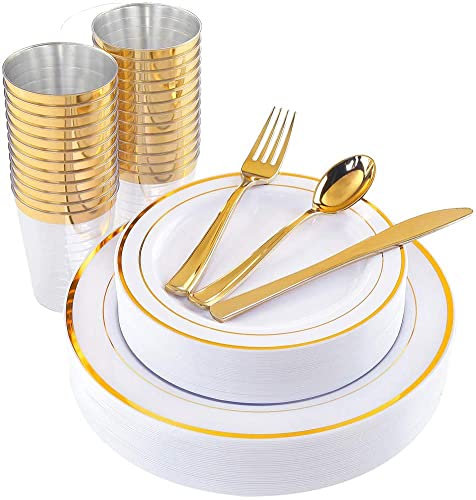 LATERN 150Pcs Multi-Use Gold Plastic Dinnerware Set, 25 x Resuable Dinner Plates, 25 x Salad Plates, 25 x Knives, 25 x Mini Forks, 25 x Spoons, 25 x 300ml Cups for Wedding Anniversary Garden Party