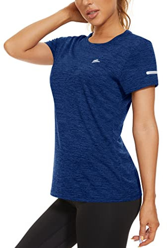 KEFITEVD Funktionsshirt Damen Atmungsaktiv Leicht Fitnessshirt Frühling Sommer Sporttop Outdoor Shortsleeve T-Shirt Stretch Freizeit Golf Shirt Meliert Königsblau L