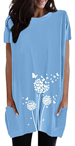 Damen Lang Oberteil Sommer Rundhals Kurzarm Tshirts Elegant Drucken T-Shirt Tunika Loose Casual Kurzarmshirt mit Tasche Elegant Rundkragen Oversize Longshirt Lockere Sweatshirt Große Größen Tops