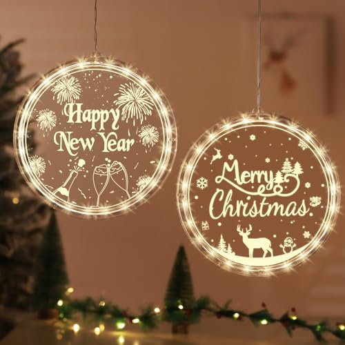 BLOOMWIN Decoración Luces Navidad Ventana - 2pc Cortina de Luces Feliz Navidad Año Nuevo a Pilas - Guirnalda Luces Colgantes Navideñas Ventana Interior Habitación Puerta - 21cm, Blanco Cálido