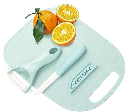 EVERMARKET Kitchen 3 in 1 Small Set, Ceramic Peeler, Ceramic Fruit Knife, Cutting Board,Travel Set, Camping Set (Blue)