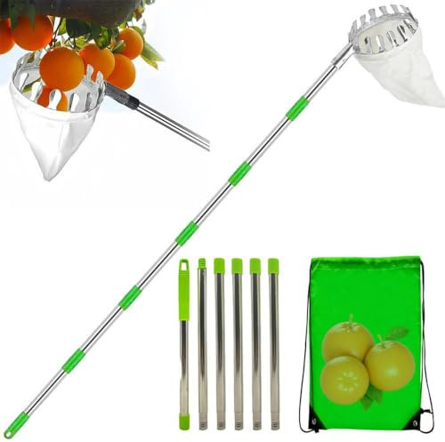 RATSTONE Recoge Frutas Telescopico,Recogedor De Frutas,4.2M Recogedor de fruta con mango telescópico, recogedor de fruta con mango telescópico ligero de acero inoxidable y bolsa de algodón
