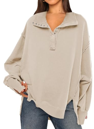 OLIPHEE Sudadera Mujer Patchwork Gran Cuello V con Botones Suéter Vintage Talla Grande Sin Capucha Escote Doblado Manga Larga Oversize Casual Sportwear Beige M