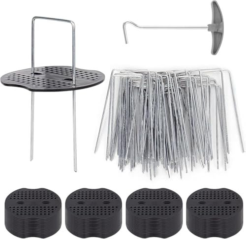 Grapas De Sujeción De Acero Robusto Grapas para Césped Artificial, 50 Piquetas+50 Arandelas, Mallas Antihierba, Piquetas Camping Suelo Duro Clavos Jardín Metal Galvanizado En Caliente