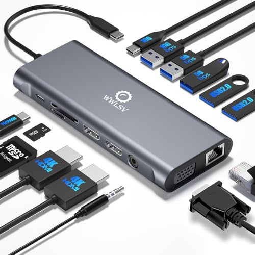 Estación de acoplamiento para portátil con triple pantalla – Hub USB C 14 en 1 con HDMI dual 4K, VGA de 1080p, entrega de energía de 100 W, USB-C/USB-A de 10 Gbps, Gigabit Ethernet, SD/TF, micrófono