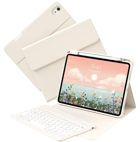 KVTVOU Tangentbordsfodral för iPad (A16) 11:e generationen/iPad 10. Generation 10,9 tum 2025/2022, höger stiftslits, Bluetooth avtagbart tangentbord, QWERTZ, bilvaktning/sömn, vit