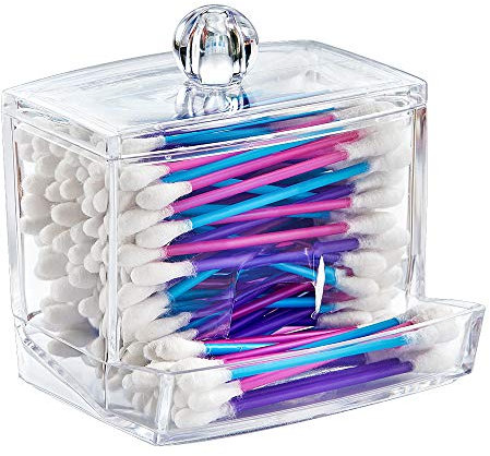 Q-Tips Wattestäbchen Aufbewahrungsbox, Polystyrol Wattestäbchen Spender mit Deckel, 8,8 x 8 x 9 cm, Transparent, BPA frei