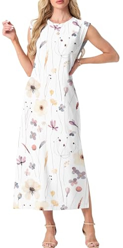 GRECERELLE Womens Summer Maxi Long Dress Casual Flower Sleeveless Crew Neck Split Hem Shift Dresses with Pocket for Ladies UK (Rainbow Leaf, XXL)