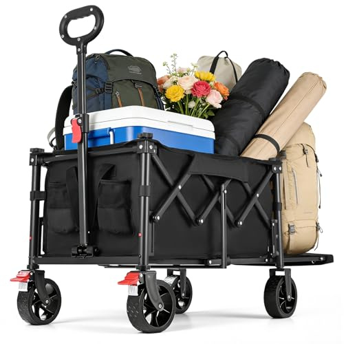 YEAUPE PRO Carrito Plegable de Transporte – Carga 100kg, Fondo Abatible para Objetos Largos. Carro de Playa con Frenos, para Playa, Camping, Pesca, Transporte Familiar – 60-110L, Negro