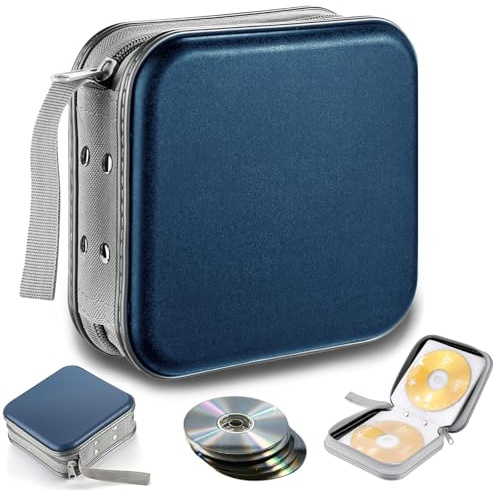 qhklew Custodia per 40 CD, borsa per dischi CD DVD, con cerniera in tessuto Oxford, mappa per la conservazione, salvaspazio per auto e casa (Blu-Plastica rigida)