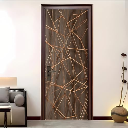 Adesivo Per Porte 3D Per Porte Interne, Venature Del Legno Astratte Geometriche Impermeabile e Autoadesivo Marrone in PVC Decorazione da Parete – per Camera da Letto, Soggiorno 95x215 cm