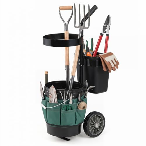 GYMAX Carro de Jardín para Herramientas, Carrito de Transporte con Ruedas, Cubo Redondo de 20 L, Cubo Rectangular de 5 L y Bolsa de Tela Oxford, Carretilla Portátil Porta Utensilios de Jardinería