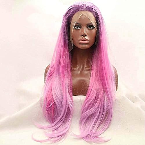 Xiweiya Long Ombre Rose Perruque Violet Racines Natual Droite Synthétique Avant de Lacet Perruques Pour Femmes Résistant À La Chaleur Fiber Perruque de Cheveux 24 pouces
