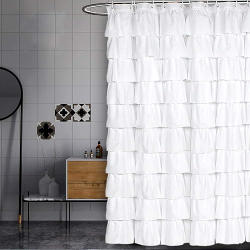 Volens White Shower Curtain Fabric Ruffle for Bathroom,72in Long