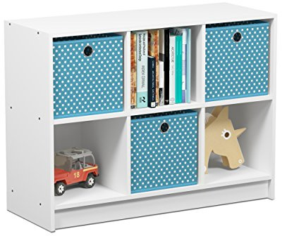 Furinno Basic 3x2 Bookcase Storage w/Bins, White/Light Blue