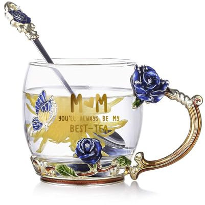 evecase Mothers Day Gifts Butterfly Flower Glass Coffee Mugs Tea Cup with Steel Spoon, Mum Gifts for Women Wife Friends Christmas Birthday Mothers Valentines Day (Mum)