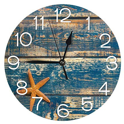 Hdadwy Élégant 3D Vieux Bois Etoile de Mer Été Marine Texture Bois Horloge Murale Ronde À Piles Quartz Analogique Calme Maison Cuisine Décor Horloges Murales (9,5 Pouces)