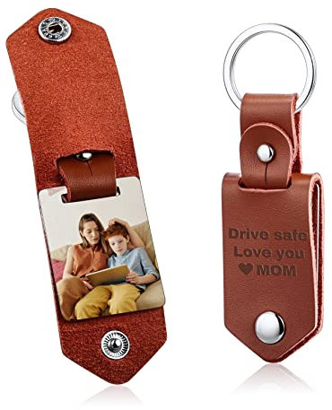MunkiMix Porte-clés en Cuir Personnalisé Cadeaux pour Hommes Petit Ami Papa Mari Photo Date Nom Porte-clés pour la Fête des Pères-Marron Cuir Couleur Photo