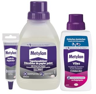 Metylan Vlies Fertigkleister Konzentrat, für den sofortigen Einsatz, (1x500g) & Metylan Naht- und Reparaturkleber (1x60g) & Metylan Tapetenablöser Aktiv-Konzentrat (1x0,5l)