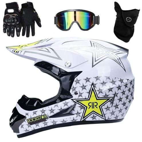 Youth Kid Motocross Helmet Set, Fashion Full-Face Off Road Scooter Motorbike Helmet, Downhill BMX MTB ATV Enduro Quad Dirt Bike Helmet, with Goggles Gloves Mask ( Color : T , Size : S/52-53CM )