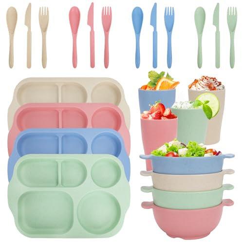 Ensemble de vaisselle incassable pour 4 personnes, 24 pièces d'assiettes divisées en plastique, ensemble de couverts, ensemble de vaisselle réutilisable pour adultes, enfants, école, bureau, fête