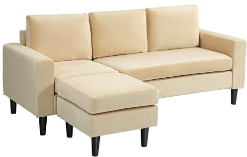 HOMCOM Canapé d'angle modulable canapé 3 Places avec Pouf et 3 Coussins, Pieds en Bois, Tissu Effet Velours pour Salon, Chambre à Coucher, Bureau, 186 x 121 x 82 cm, Beige