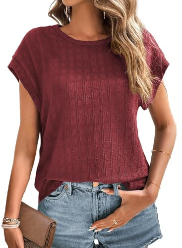 Chicrise Camisetas Basicas Mujer Manga Corta Color Sólido Cuello Redondo Blusas Manga De Murciélago Moda Informales Classic Top Rojo Mayor 46-48