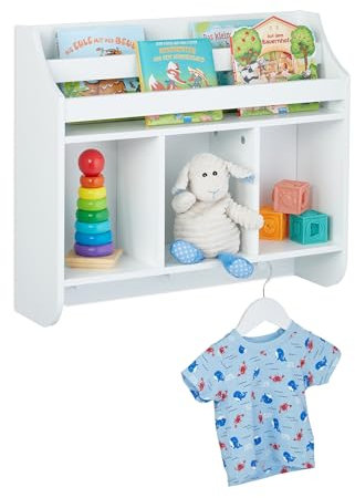 Relaxdays Kinderregal, 5 Fächer & 3 Haken, Kinder Bücherregal Wand, HBT: 51,5 x 60 x 17,5 cm, hängend, Spielregal, weiß