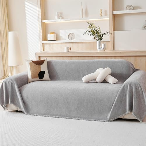 VANJOROY Couverture 100 % chenille naturelle pour canapé 3 places – Couvre-lit extra large pour canapés, jeté doux naturel de luxe pour chaise, canapé et lit, gris, 180 x 300 cm