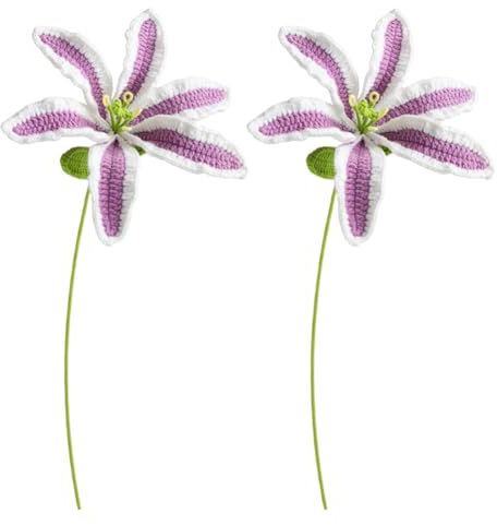 Magicherry Bouquet di fiori di giglio artificiali fatti a mano all'uncinetto, 2 pezzi, lavorato a maglia, per composizioni floreali fai da te, decorazione per la casa e per matrimoni, sfumato viola