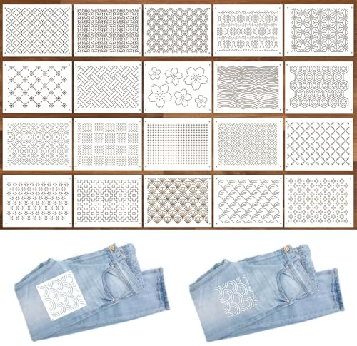 Zernblend 20 pezzi set di stencil Sashiko, 8.3 X 5.9 pollici stencil in plastica per motivi geometrici, quilting a mano, cucito e design tessile, stencil lettere, stencil per incisioni