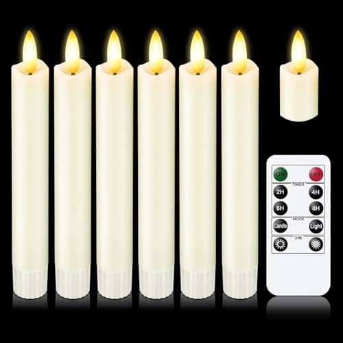 KSWING Upgraded Real Wax Short LED Flameless Taper Candles with Remote, 6 PCS White Candlesticks Battery Operated 3D Flickering - 6 Realistic Fake Candle Sticks for Home/Wedding/Fireplace Xmas Decor