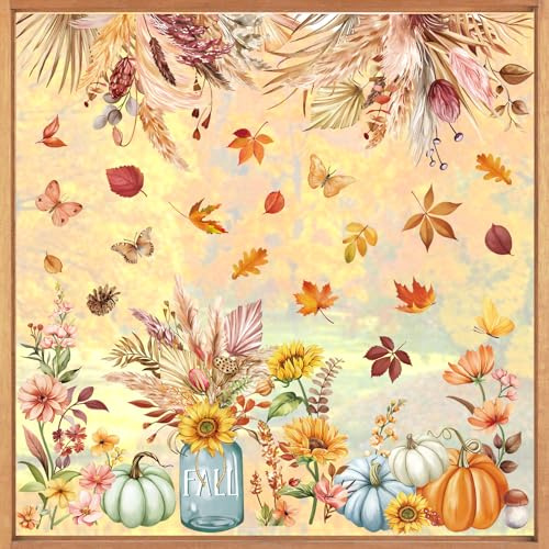 decalmile Fall Boho Flower Leaf Double Sided Window Clings Autumn Maple Leaves Pumpkin Butterfly Anti-Collision Glass Doors Window Stickers Decals