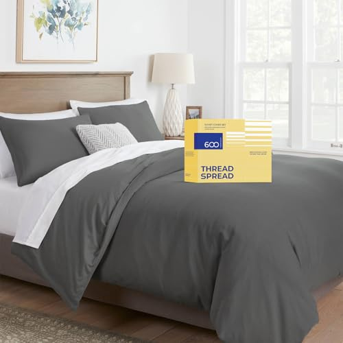 THREAD SPREAD King/California King Duvet Cover, 600 Series Bliss Collection 3Pc Egyptian Cotton Duvet Cover Set, 100% Cotton, 2 Pillow Shams, Zipper Closure, 7 Corner Ties (Dark Grey)