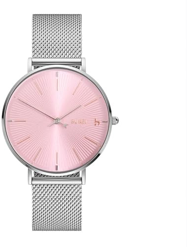 BUREI Ultradünne Damenuhr Minimalistisches Japanisches Klassisch delstahl Armbanduhr Damen Geschenke für Frauen (rosa sliber, 34mm)